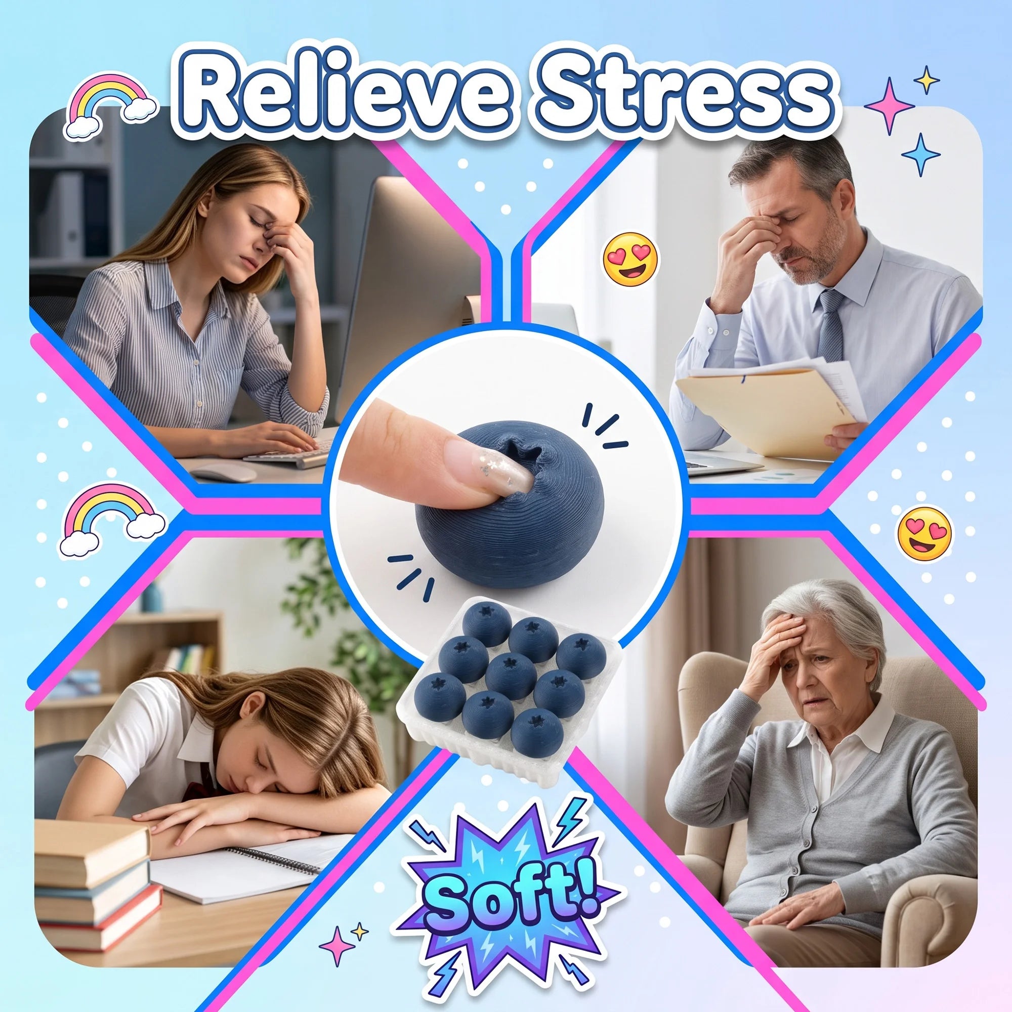 A promotional graphic for a stress-relief product